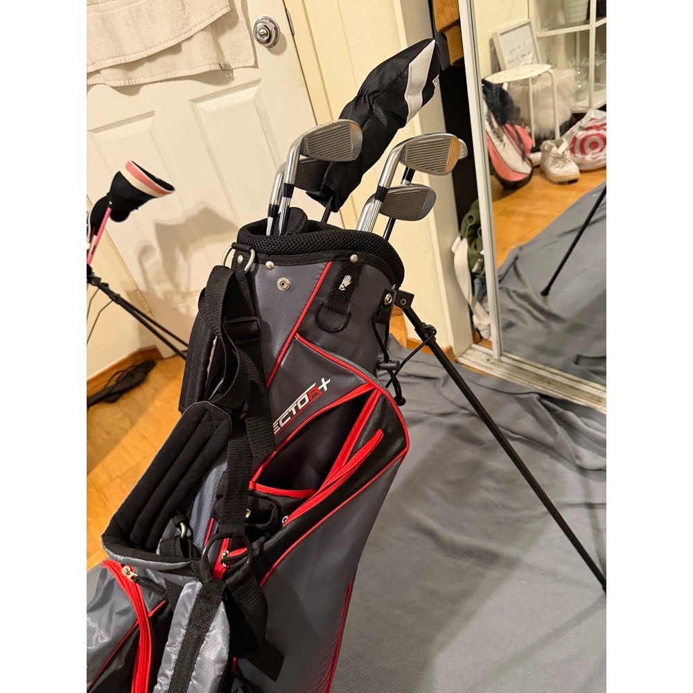 Longridge Vector 6+ Golf Club Set RH 3 Wood Hybrid Irons Stand Bag Red Black